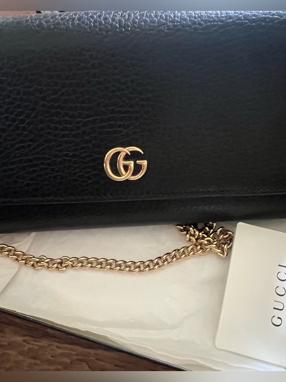 GUCCI Authentic Calfskin leather black and gold wallet on a chain clutch w/ box - Picture 1 of 7